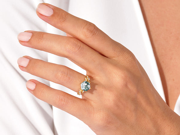 Hexagon Moss Agate Nature-Inspired Engagement Ring with Moissanite Sidestones
