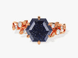 Hexagon Blue Sandstone Nature-Inspired Engagement Ring with Moissanite Sidestones
