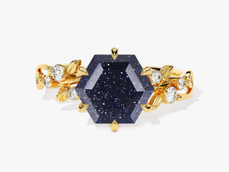 Hexagon Blue Sandstone Nature-Inspired Engagement Ring with Moissanite Sidestones