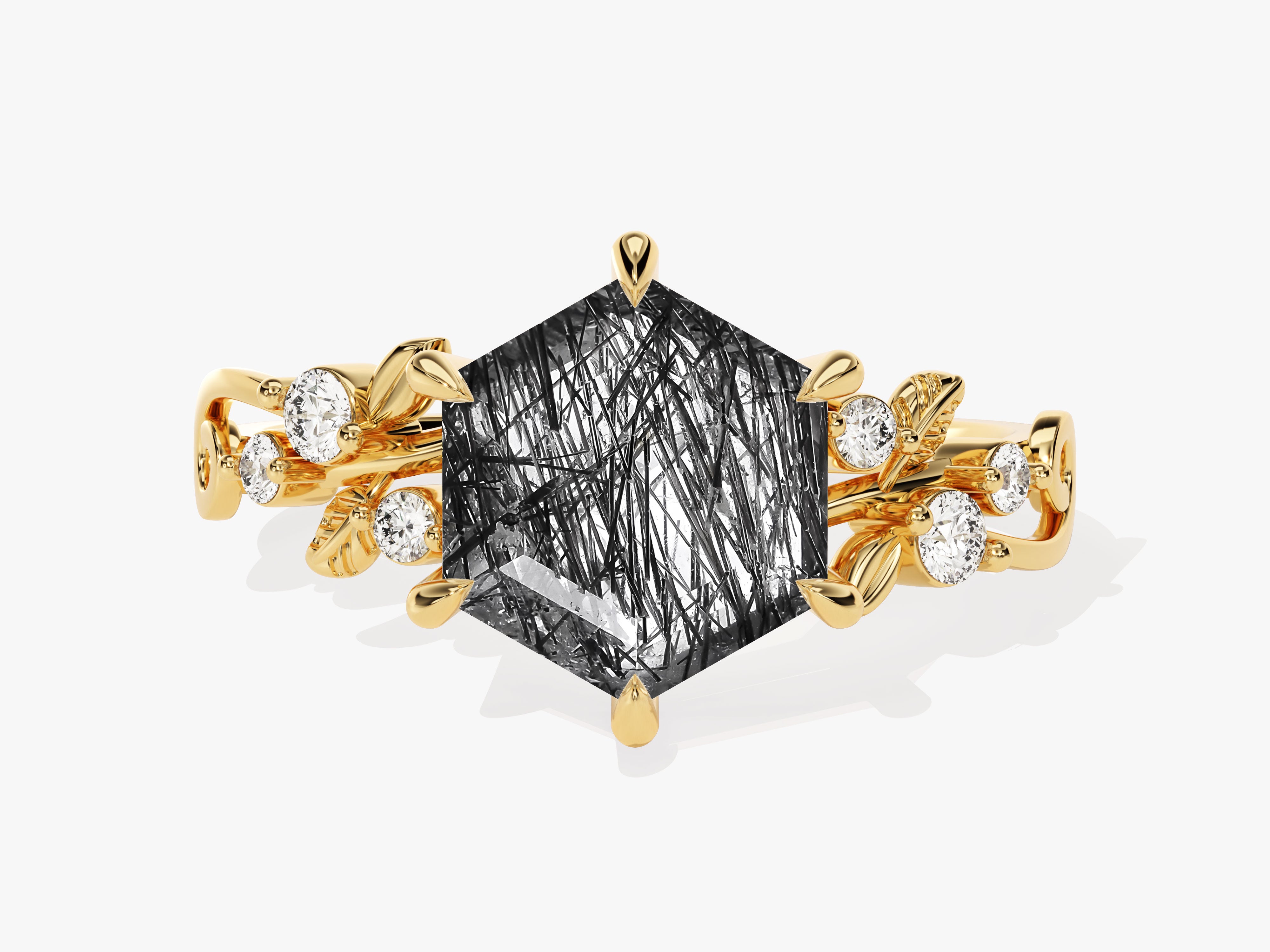 Gold ring with black rutile quartz and diamonds
