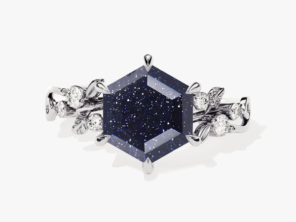 Hexagonal blue sandstone ring with diamond accents