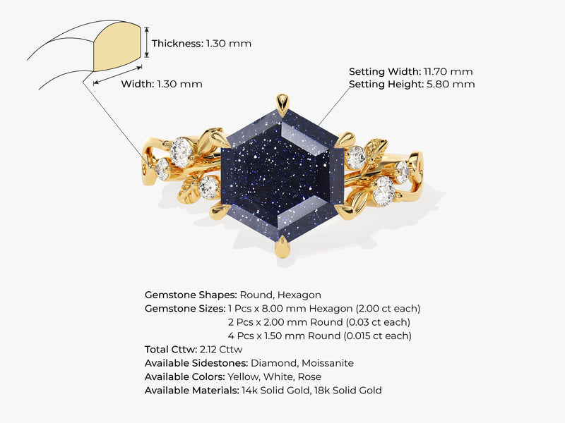 Hexagon Blue Sandstone Nature-Inspired Engagement Ring with Moissanite Sidestones