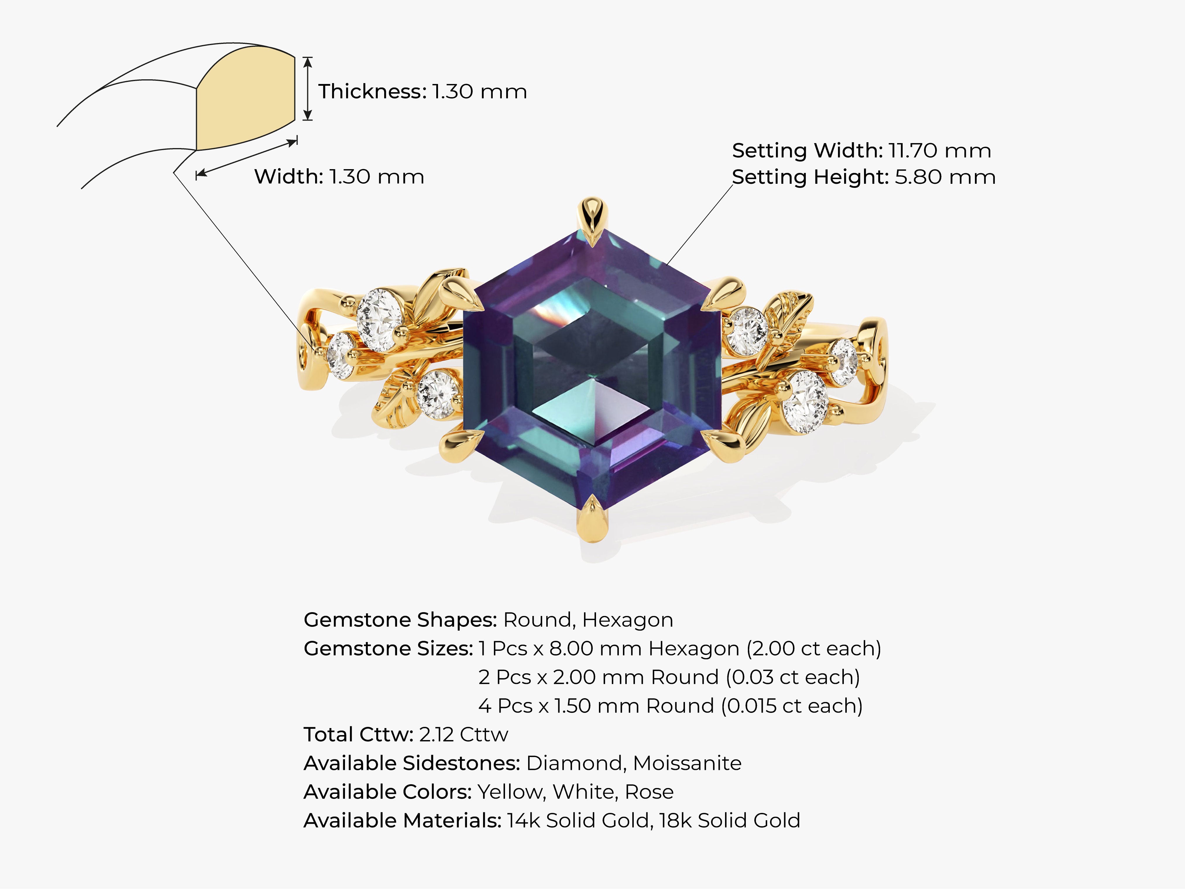 Hexagon alexandrite ring with diamond accents, 14k gold jewelry