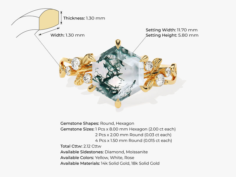 Hexagon Moss Agate Nature-Inspired Engagement Ring with Moissanite Sidestones