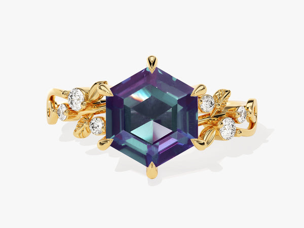 Hexagon Lab Alexandrite Nature-Inspired Engagement Ring with Moissanite Sidestones