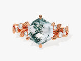 Hexagon Moss Agate Nature-Inspired Engagement Ring with Moissanite Sidestones