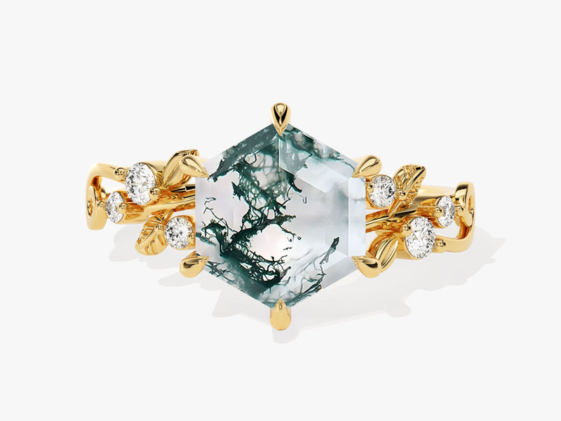 Hexagon Moss Agate Nature-Inspired Engagement Ring with Moissanite Sidestones