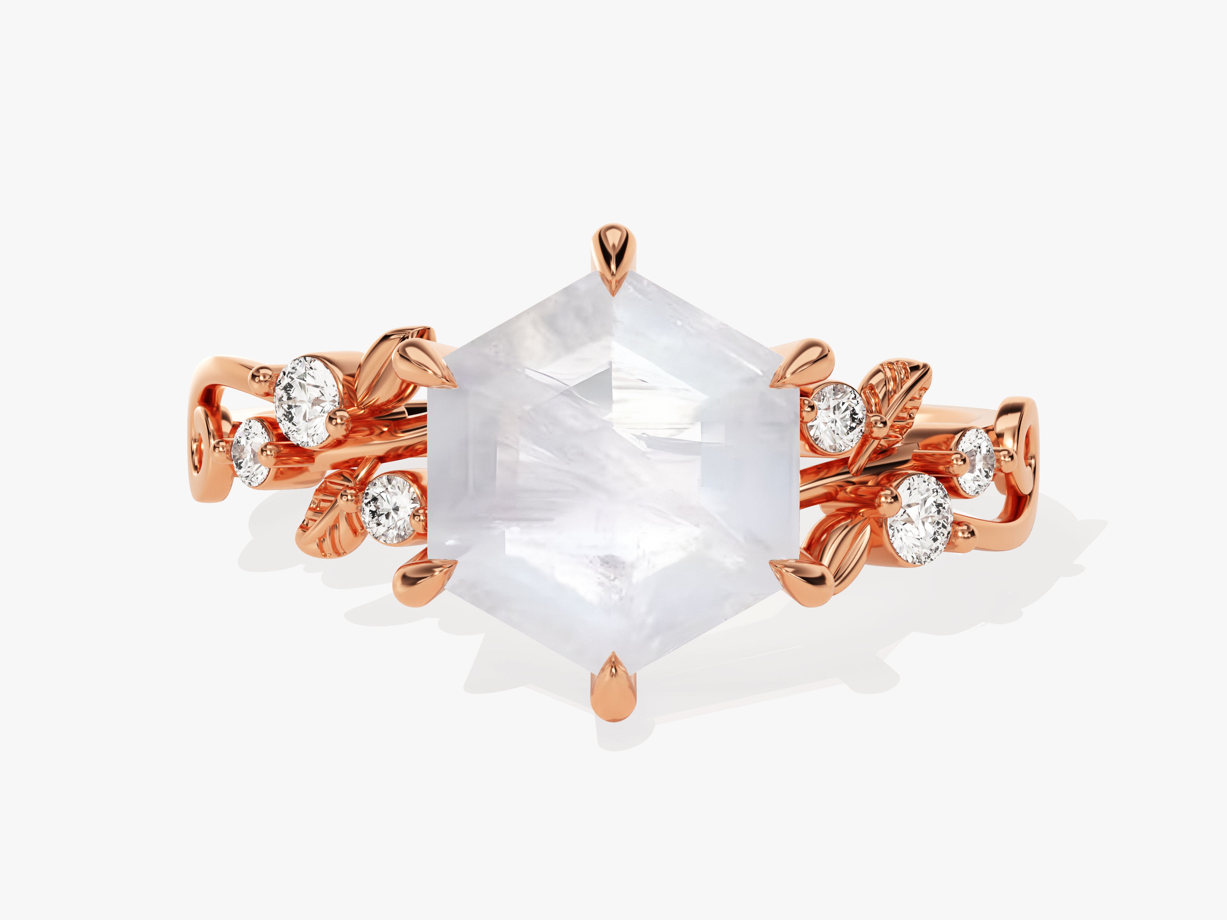Rose gold ring with hexagon moonstone and diamond accents