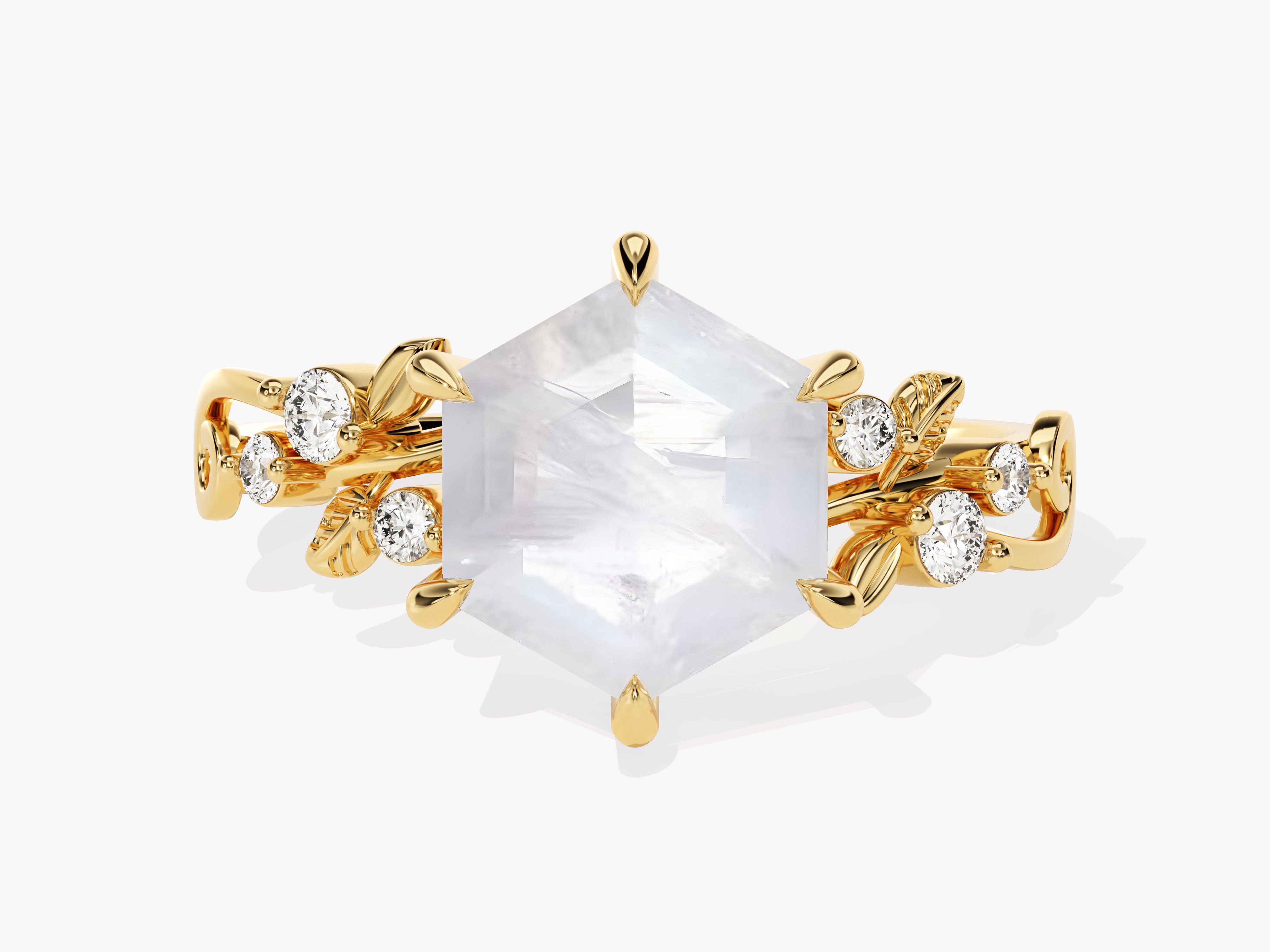 Gold ring with hexagon moonstone and diamond accents