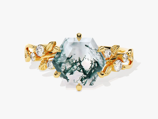 Hexagon Moss Agate Nature-Inspired Engagement Ring with Moissanite Sidestones