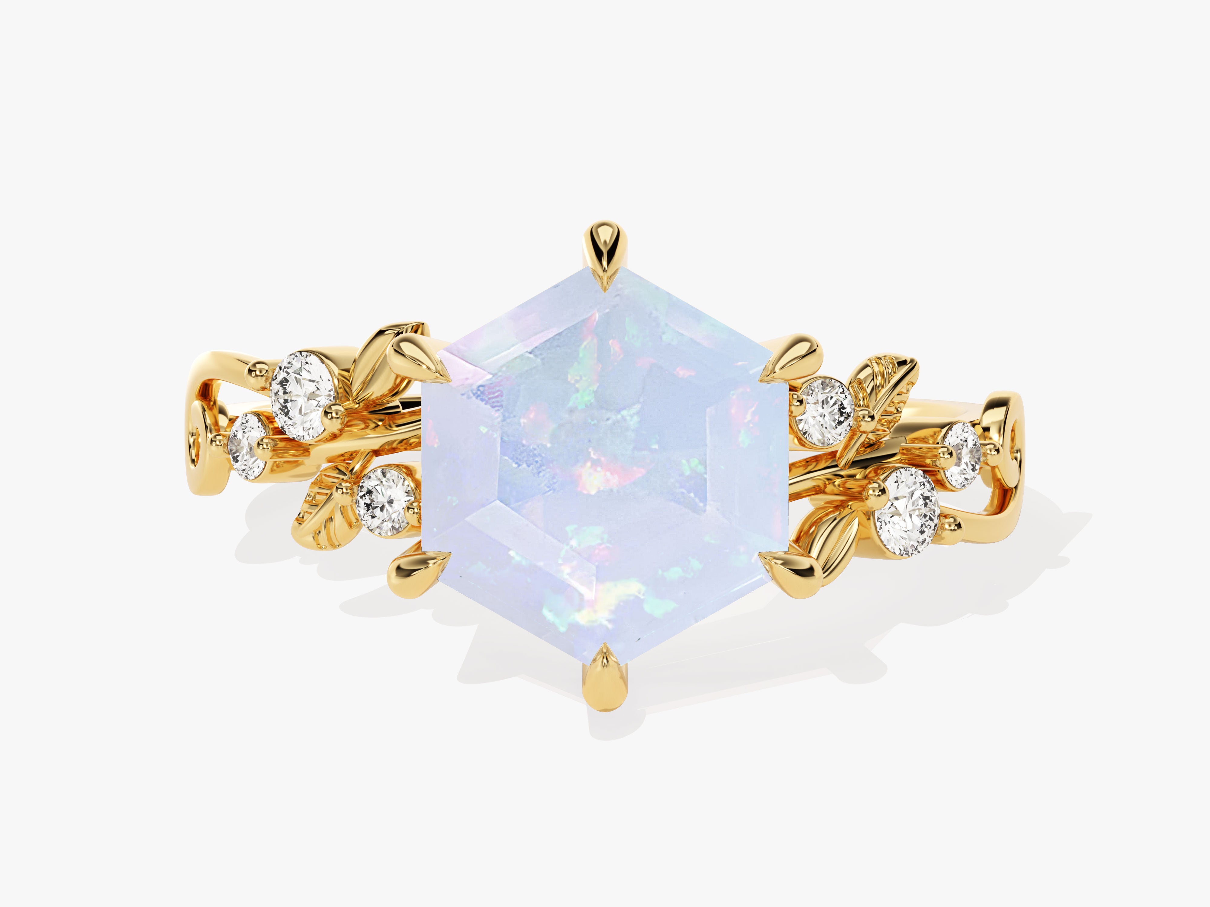 Gold ring with hexagon opal and diamond accents