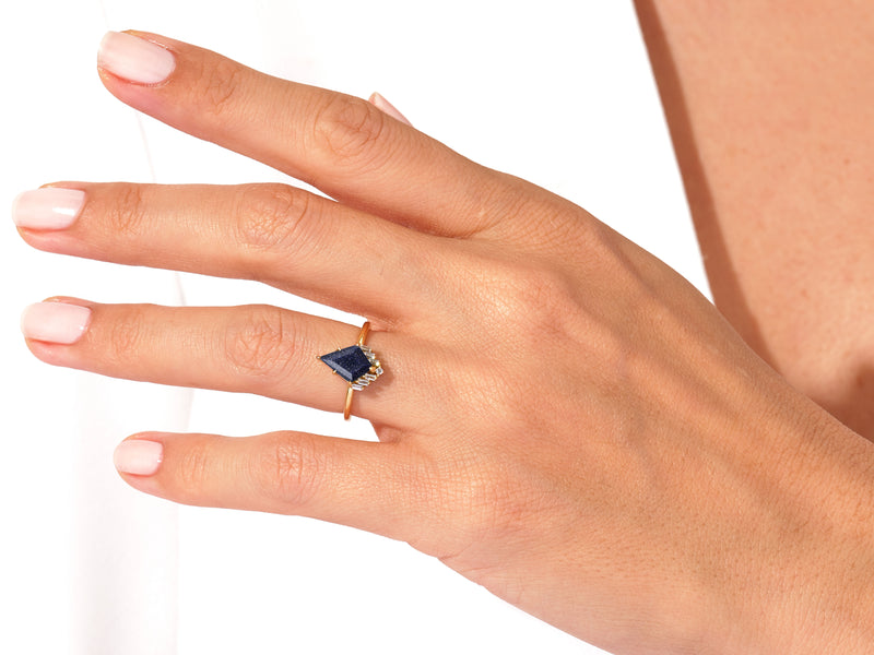 Kite Blue Sandstone Engagement Ring with Baguette Moissanite Sidestones