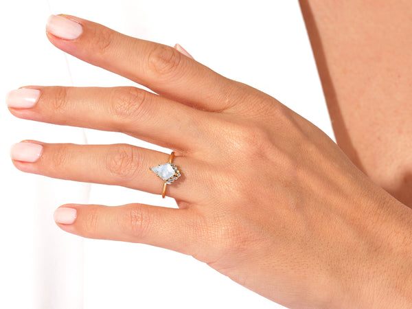 Kite Moonstone Engagement Ring with Baguette Moissanite Sidestones