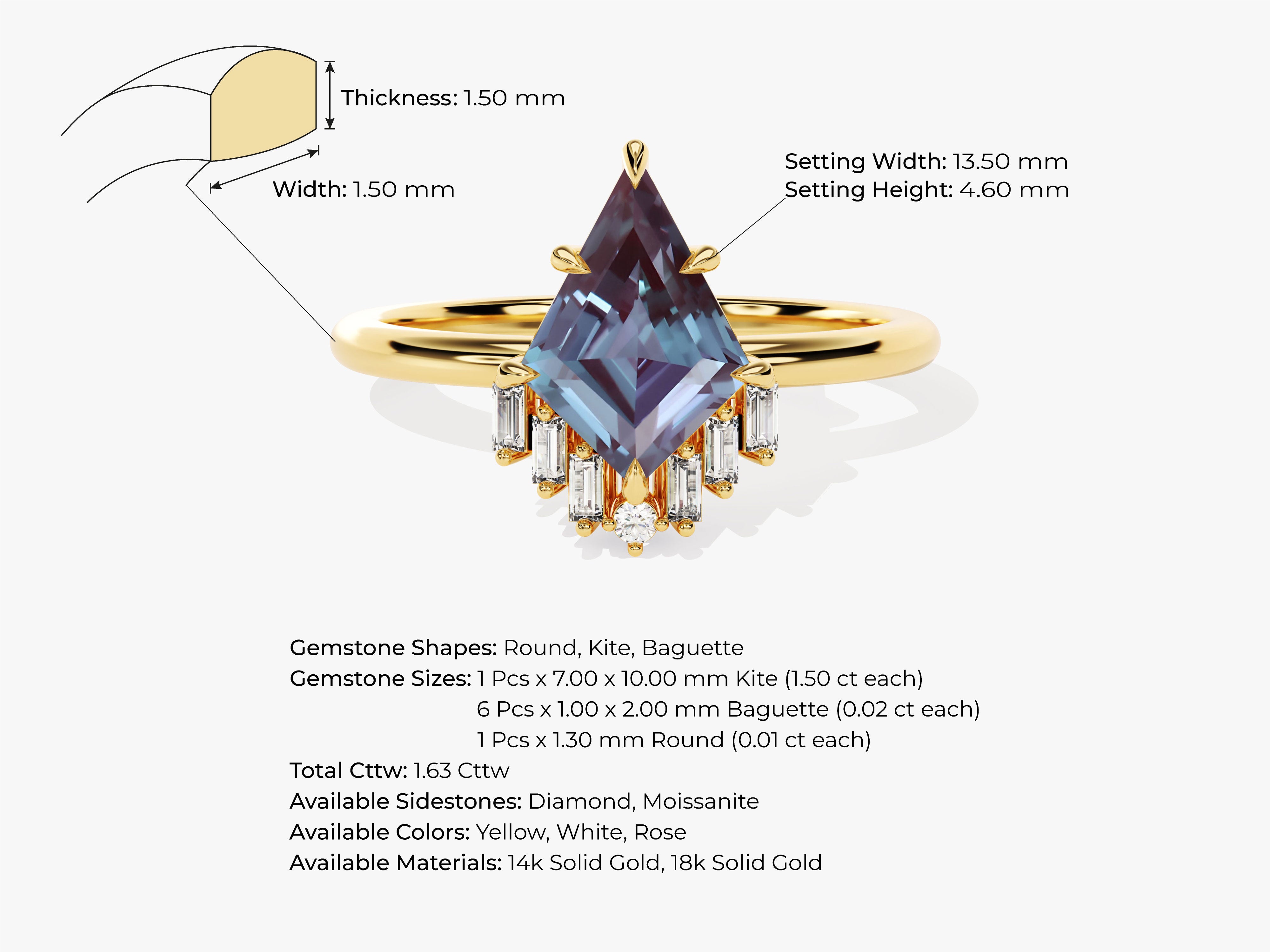 Kite alexandrite ring with diamond baguettes, 14k gold