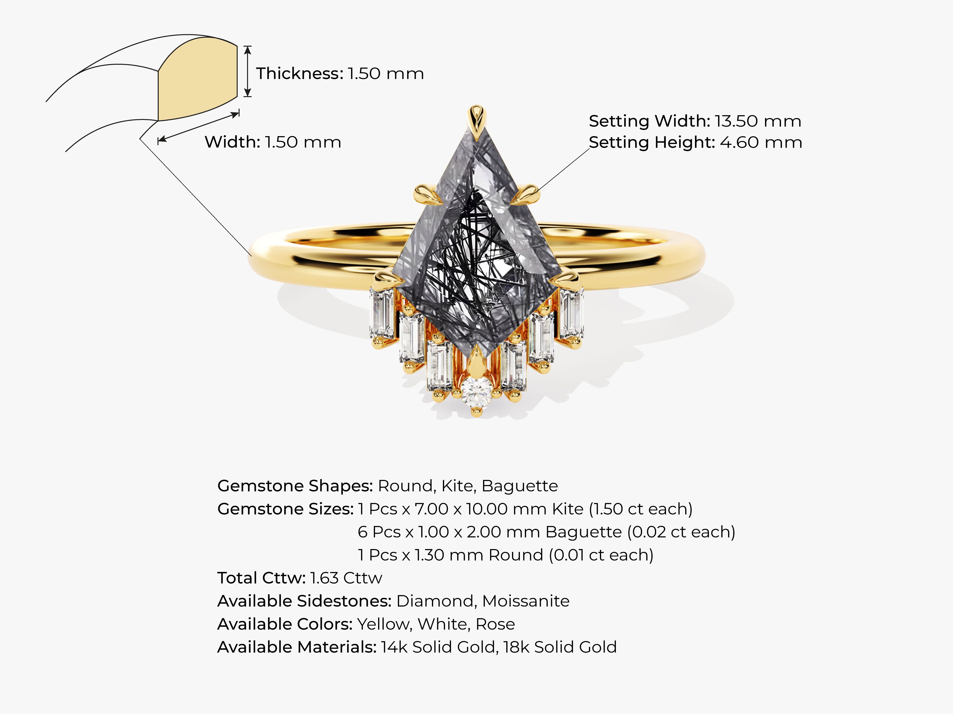 Gold ring with kite-cut black tourmaline and baguette diamonds