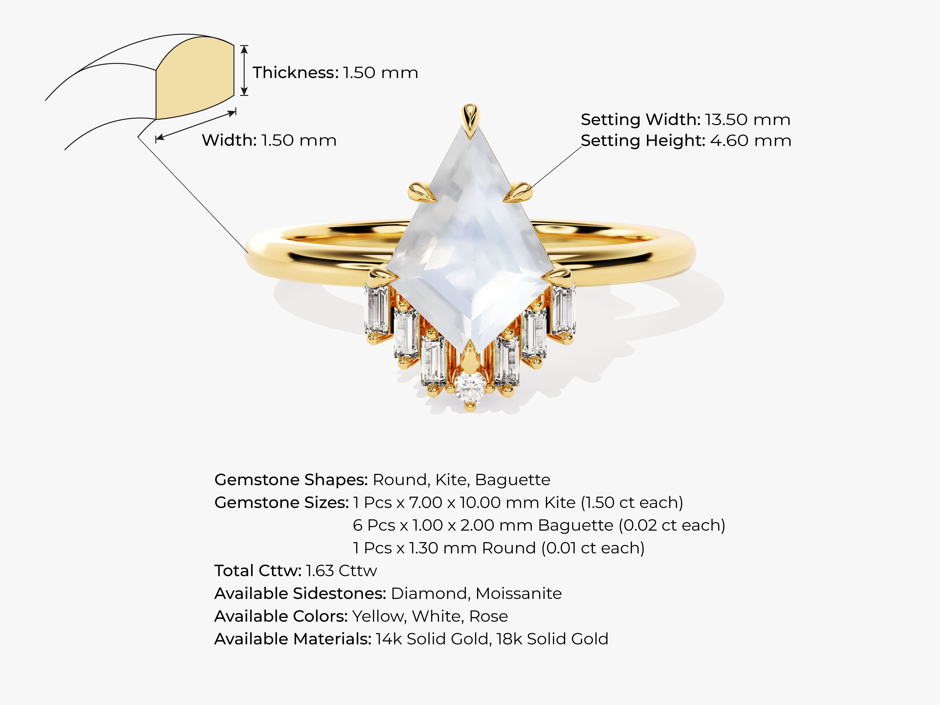 Gold ring with kite-shaped gemstone and baguette diamonds