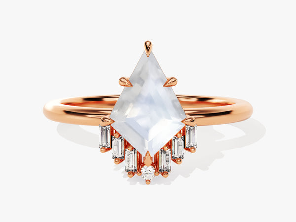 Rose gold ring with kite-cut moonstone and baguette diamonds