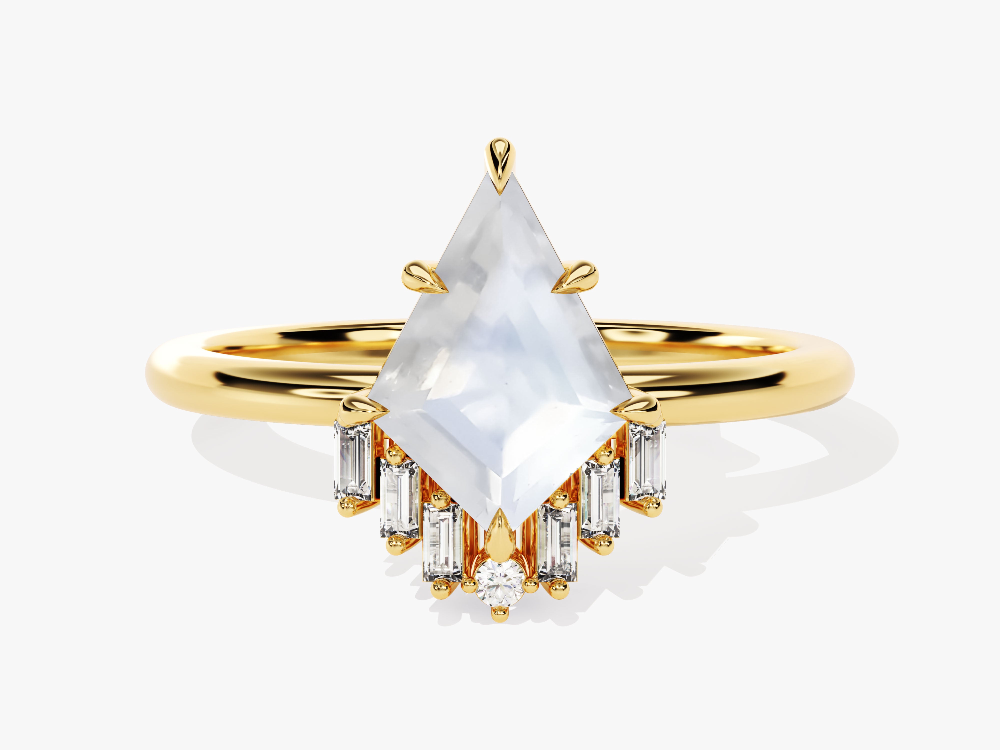 Gold ring with kite-cut moonstone and baguette diamonds
