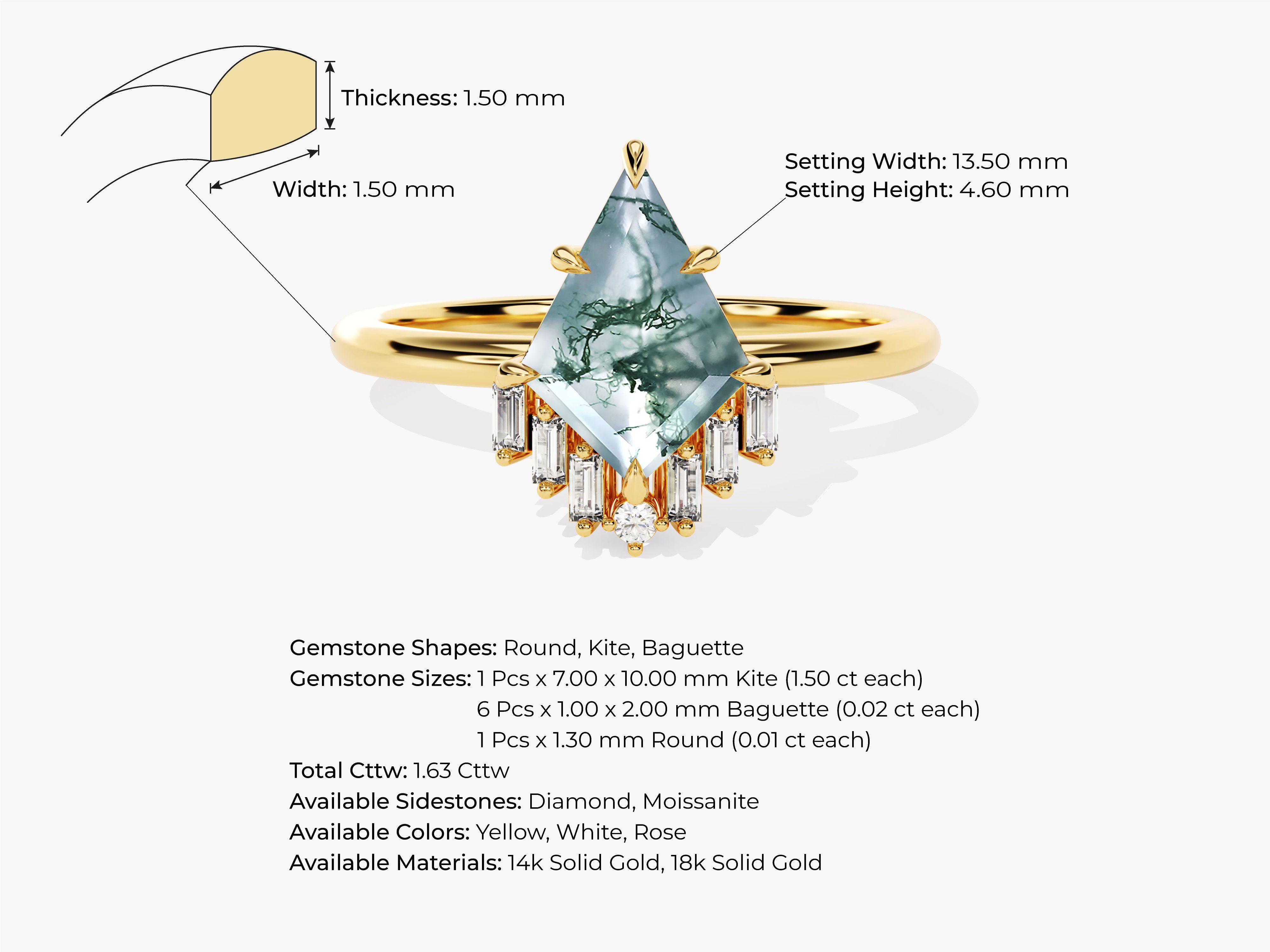 Gold ring with moss agate kite gemstone and diamond baguettes