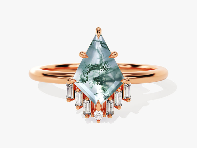 Kite Moss Agate Engagement Ring with Baguette Moissanite Sidestones