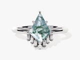 Kite Moss Agate Engagement Ring with Baguette Moissanite Sidestones