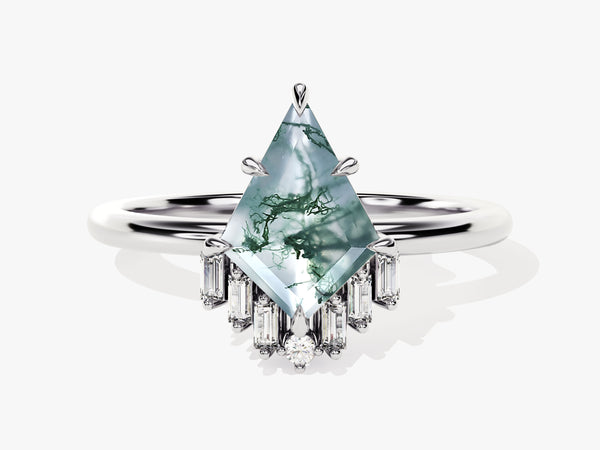 Unique moss agate diamond ring with baguette and round diamonds