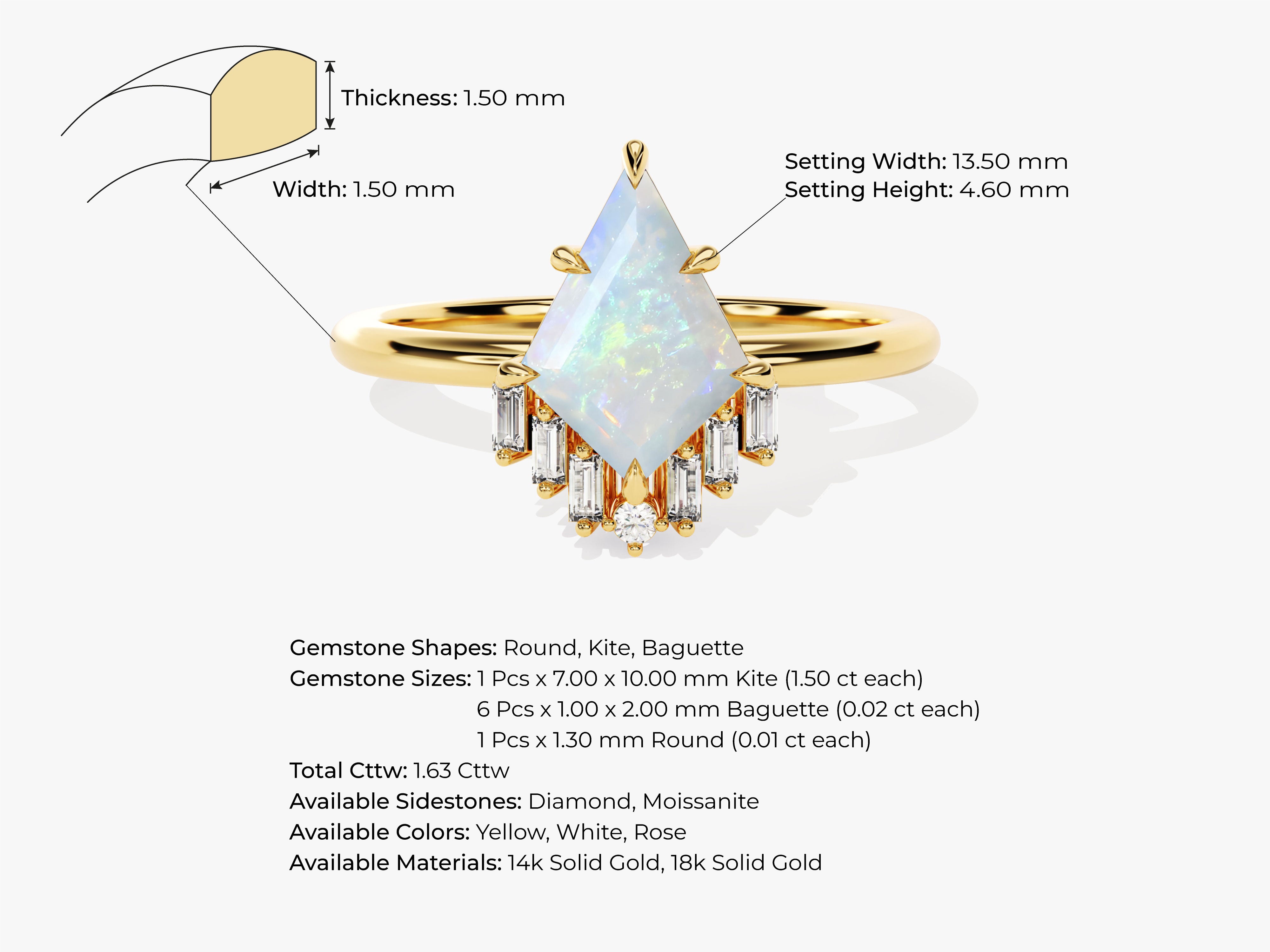 Gold ring with kite-shaped opal and baguette diamonds