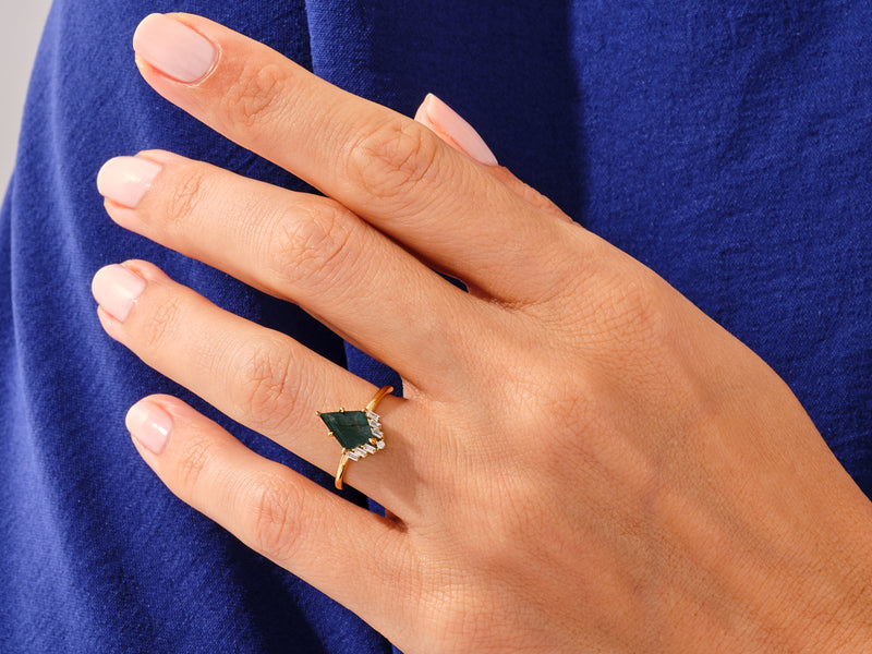 Kite Moss Agate Engagement Ring with Baguette Moissanite Sidestones