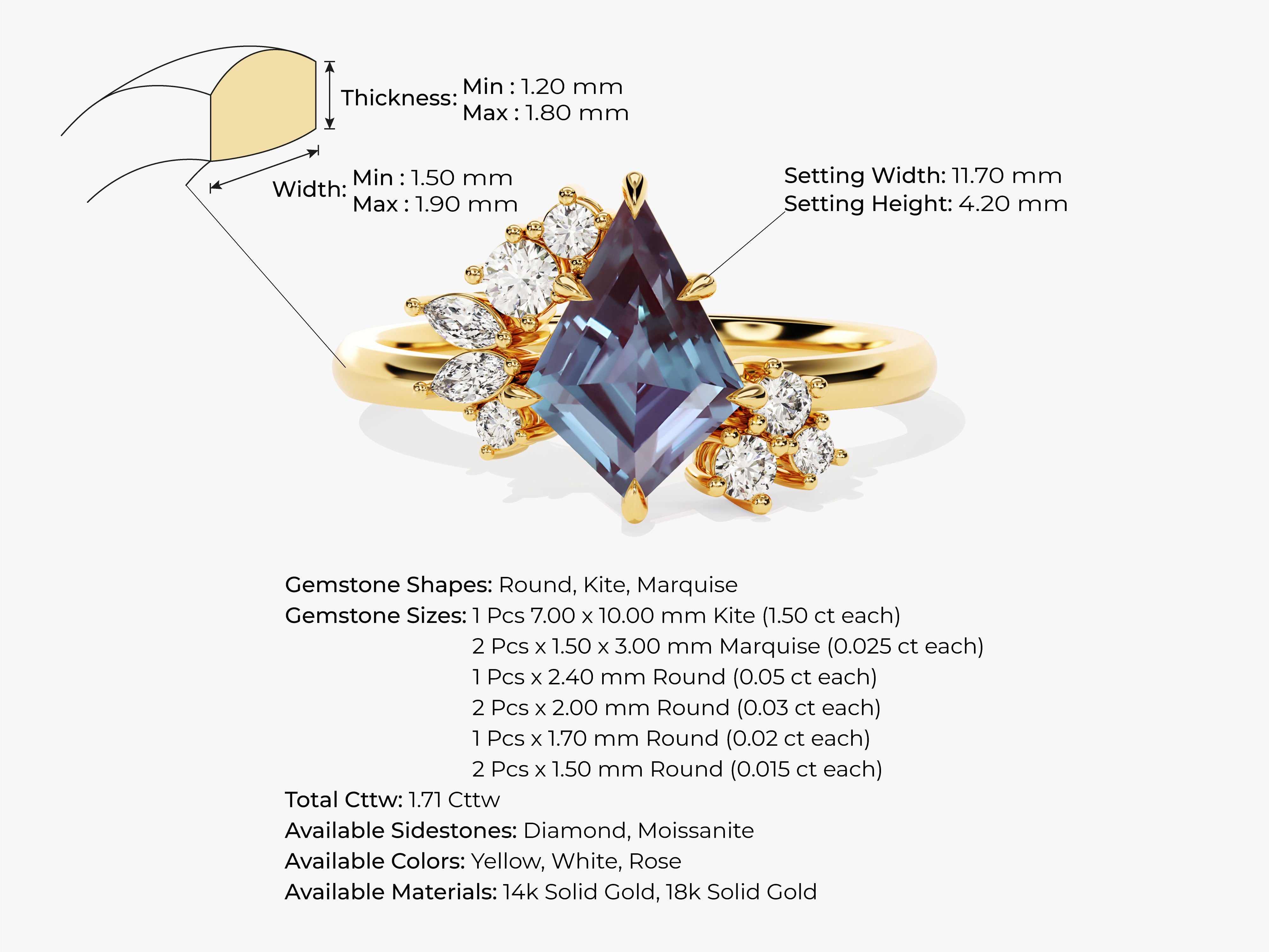 Gold ring with kite-cut alexandrite and diamonds