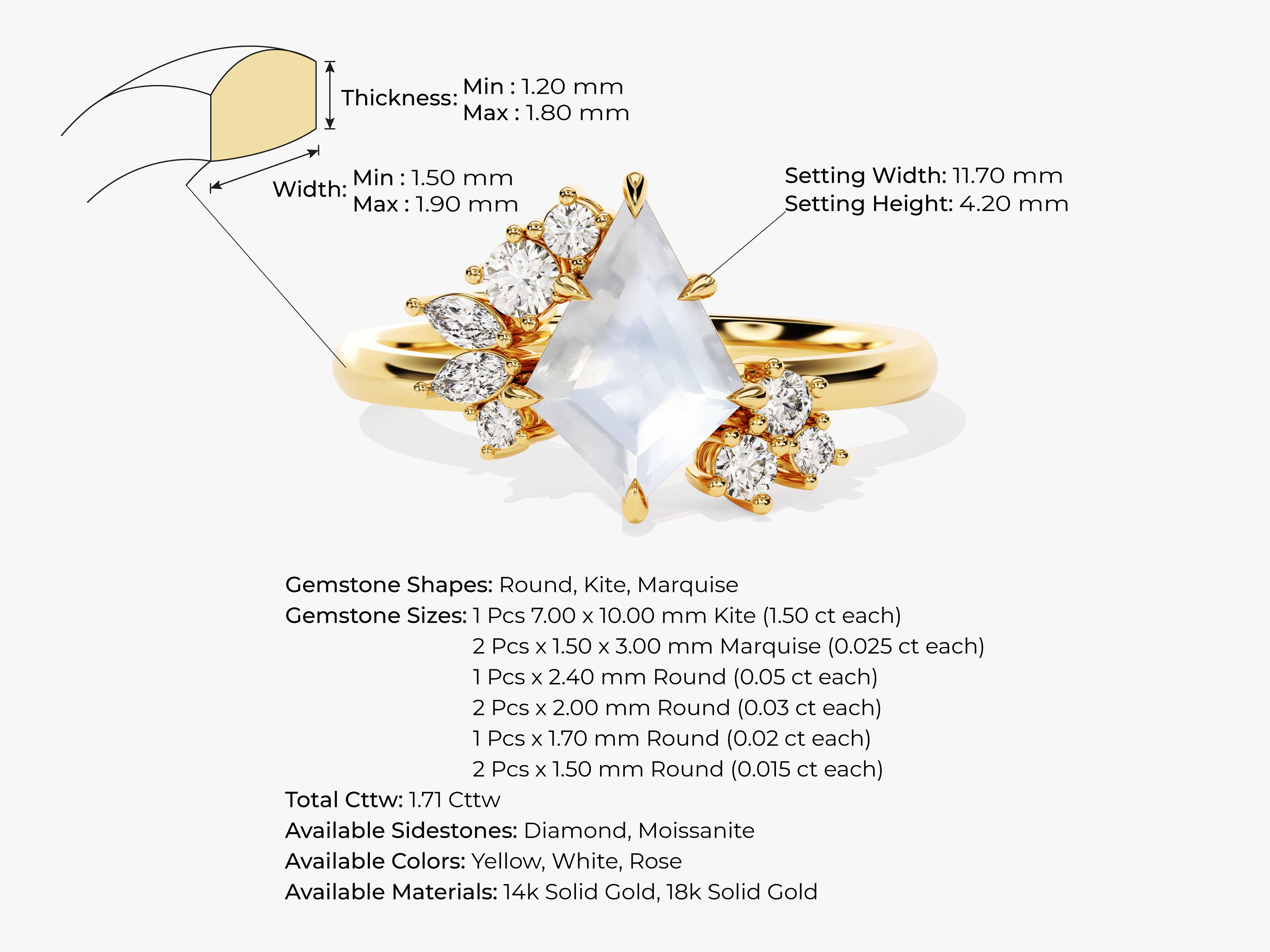 Gold ring with kite and round diamonds, gemstone details