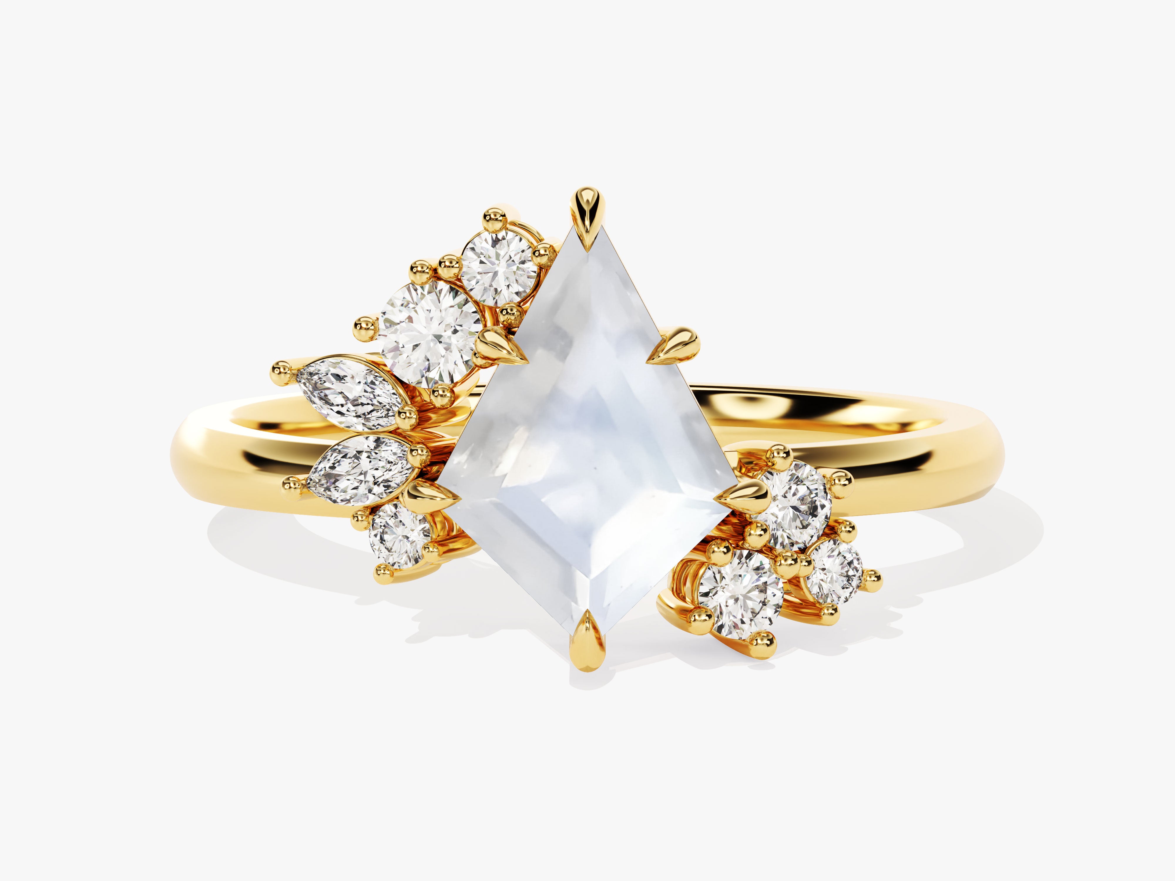 Gold ring with kite-cut moonstone and diamond accents
