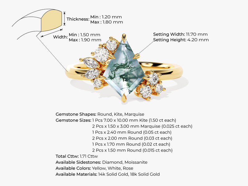 Kite Moss Agate Engagement Ring with Moissanite Sidestones