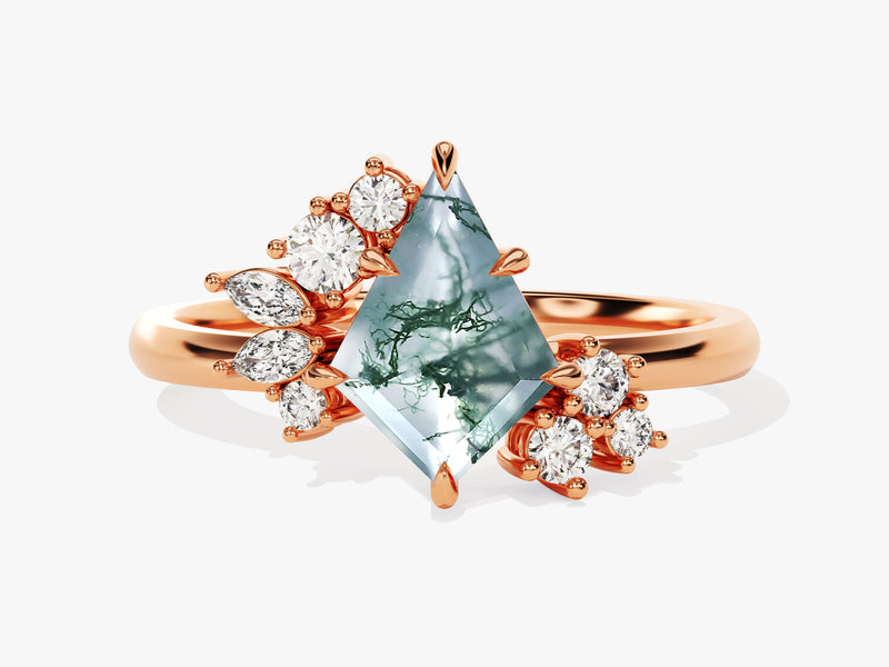 Kite Moss Agate Engagement Ring with Moissanite Sidestones