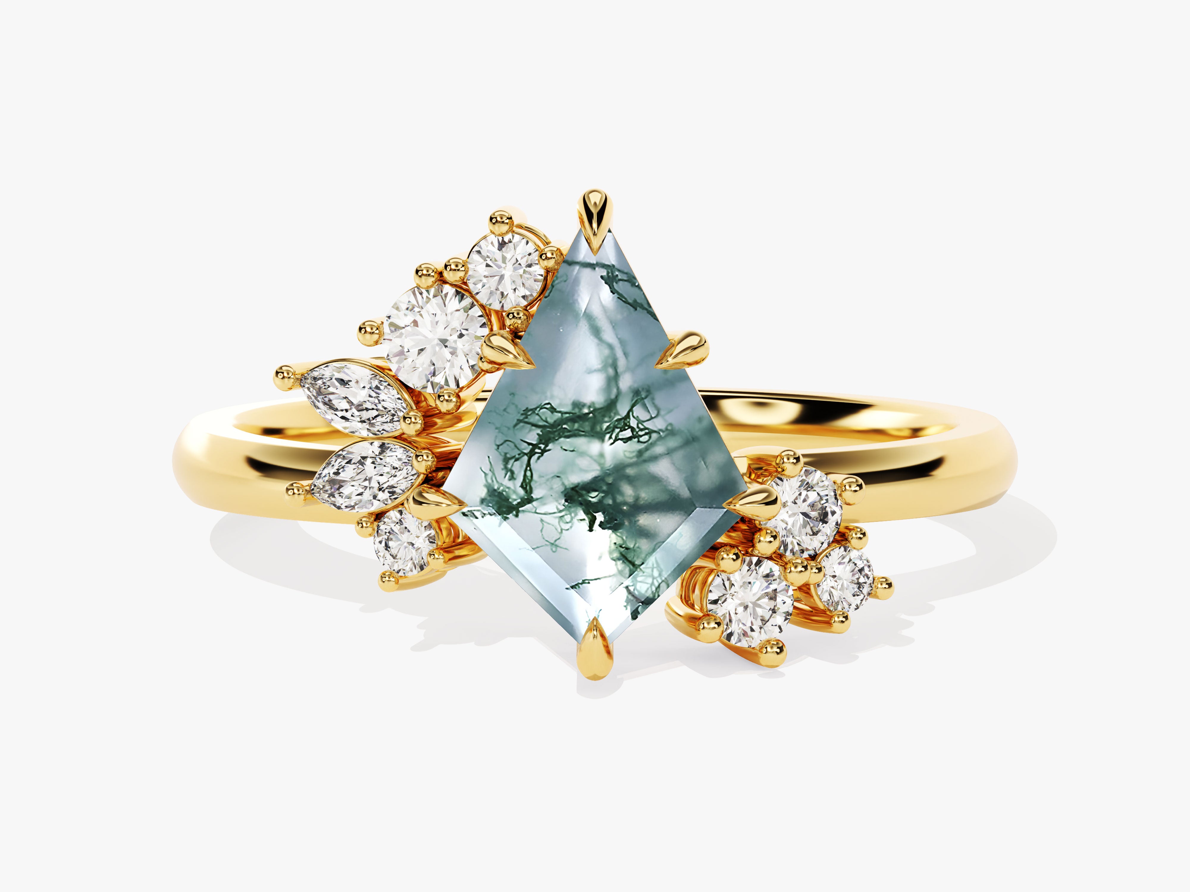 Gold ring with kite-cut moss agate and diamonds