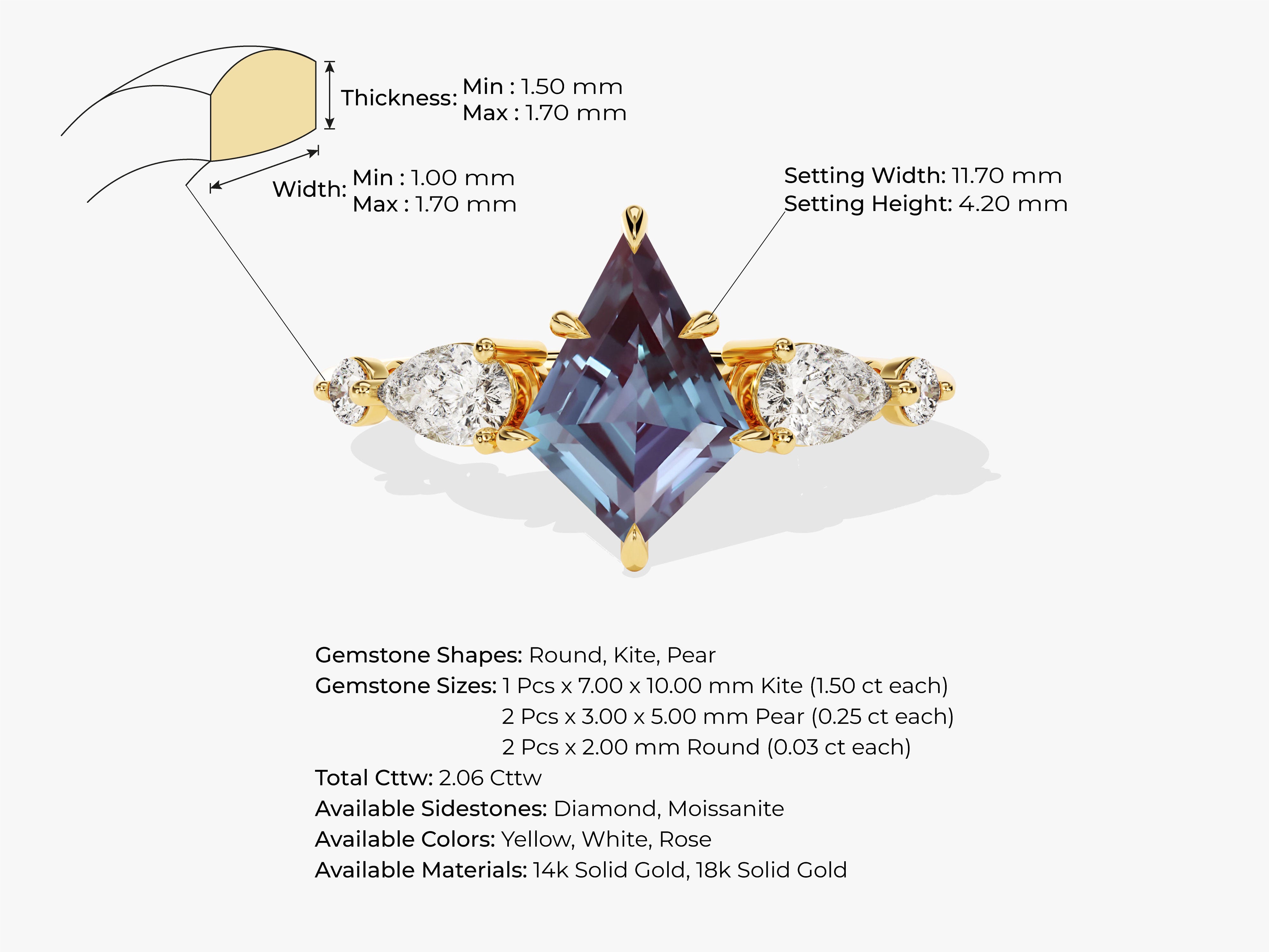 Kite and pear diamond ring, 14k solid gold jewelry