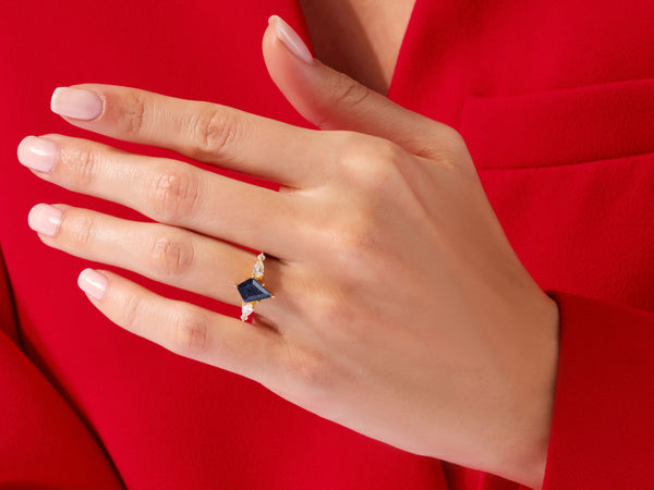 Kite Blue Sandstone Engagement Ring with Pear Moissanite Sidestones