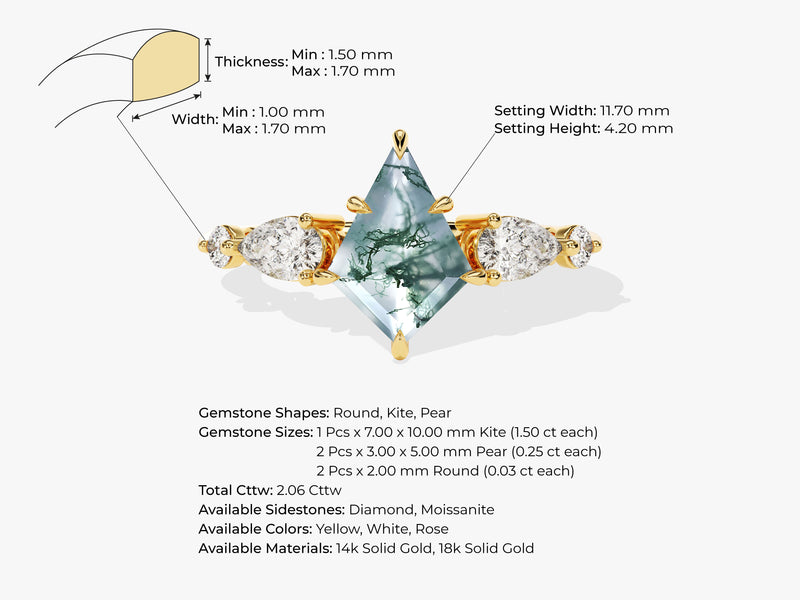 Kite Moss Agate Engagement Ring with Pear Moissanite Sidestones