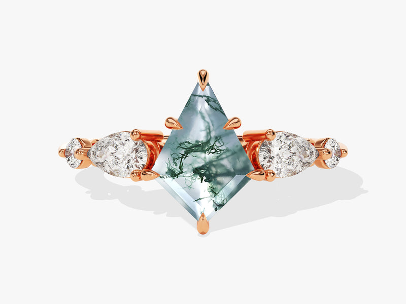 Kite Moss Agate Engagement Ring with Pear Moissanite Sidestones