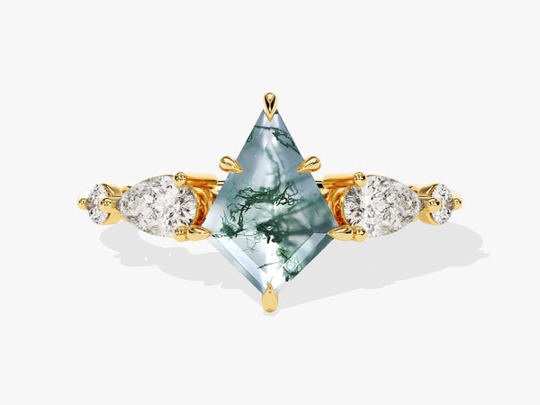 Kite Moss Agate Engagement Ring with Pear Moissanite Sidestones