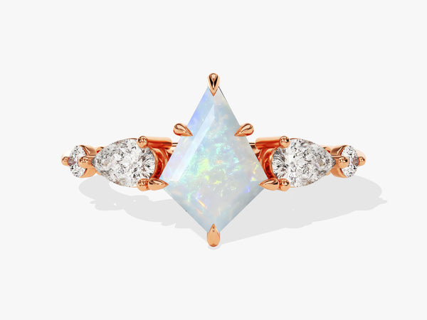 Rose gold ring with kite-cut opal and diamond accents