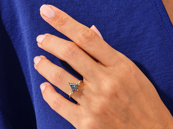 Kite Black Rutilated Quartz Engagement Ring with Marquise Moissanite Sidestones