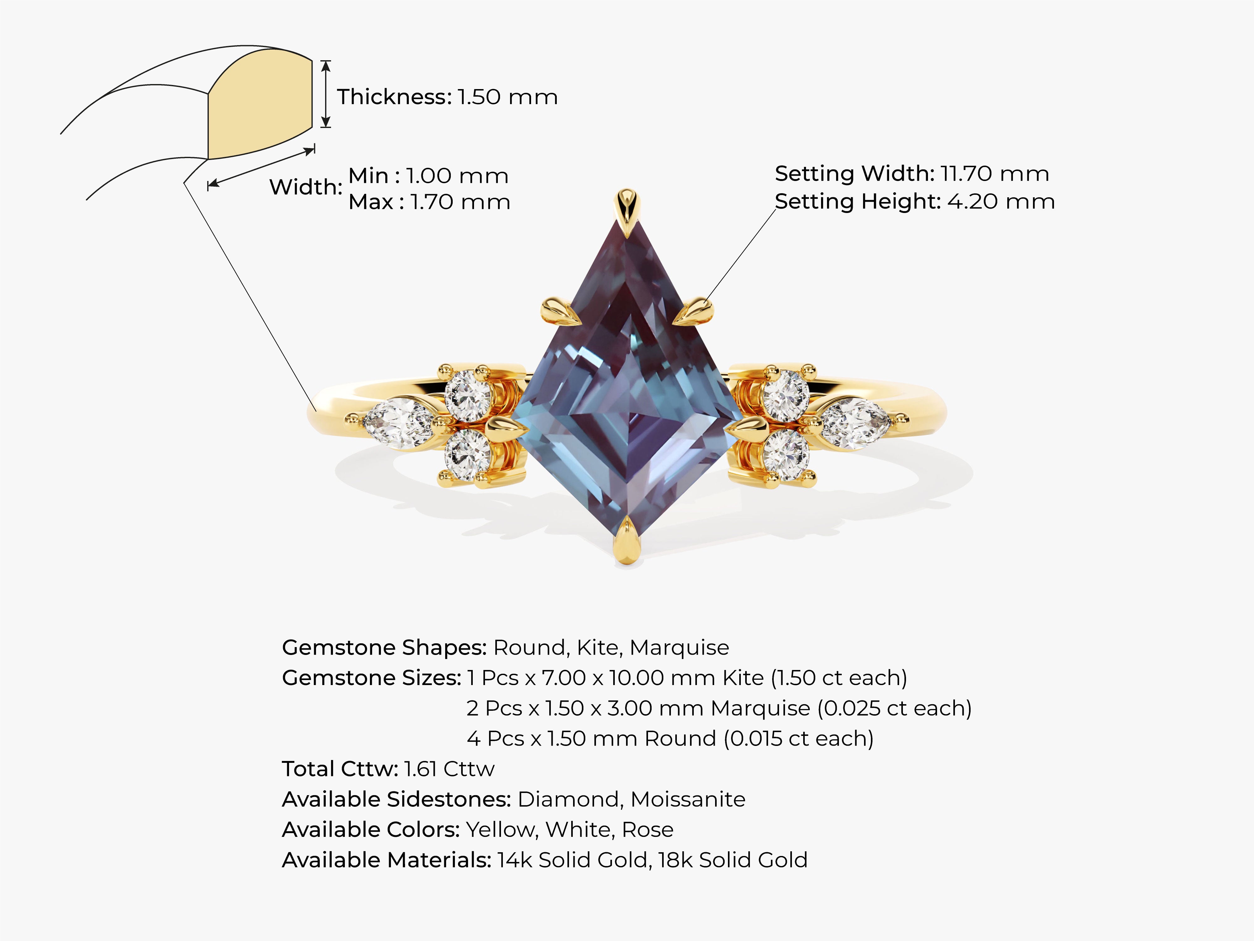 Gold ring with kite-shaped alexandrite and diamond sidestones