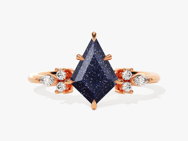 Rose gold ring with kite-cut blue sandstone and diamonds