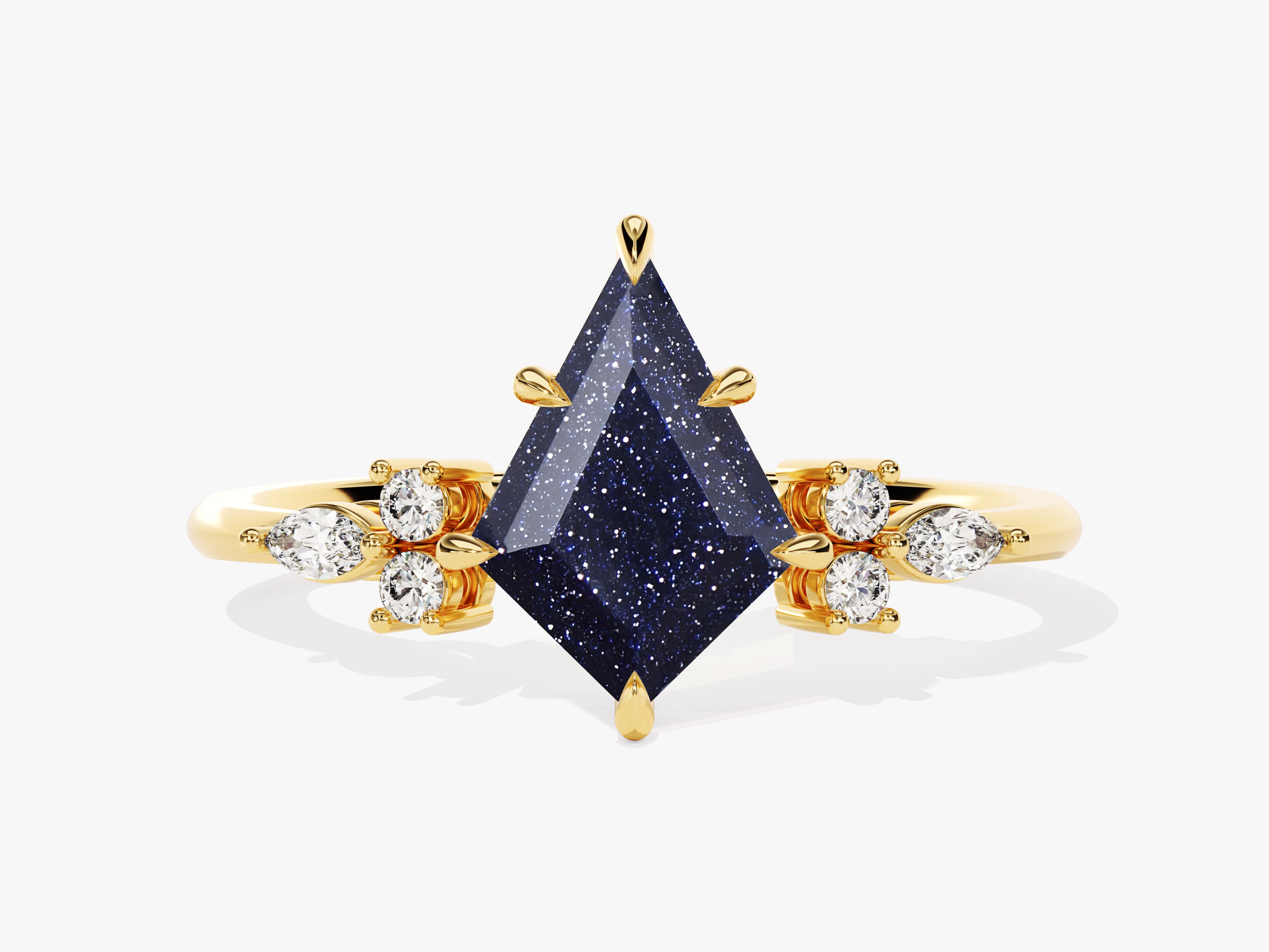 Gold ring with kite-cut blue sandstone and diamonds