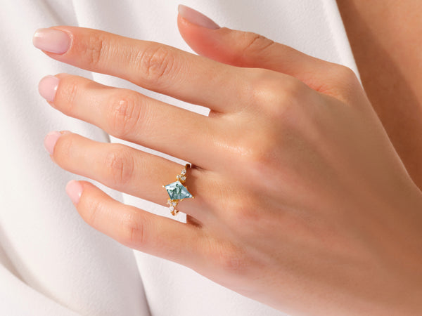 Kite Moss Agate Engagement Ring with Marquise Moissanite Sidestones
