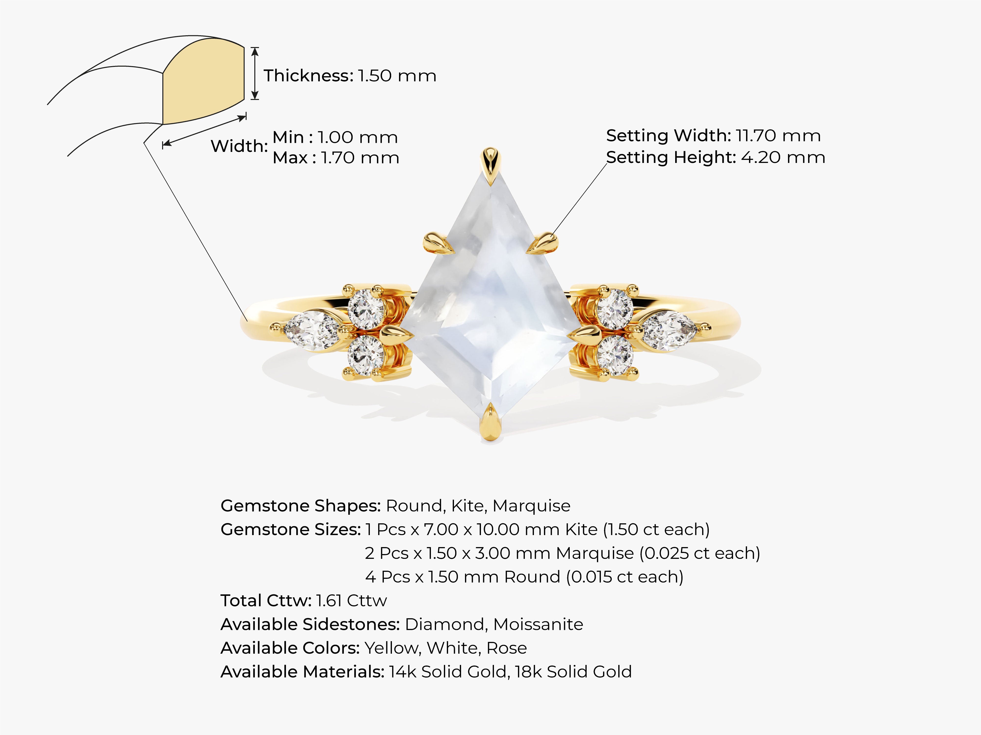 Kite-shaped gemstone ring with diamonds and marquise side stones