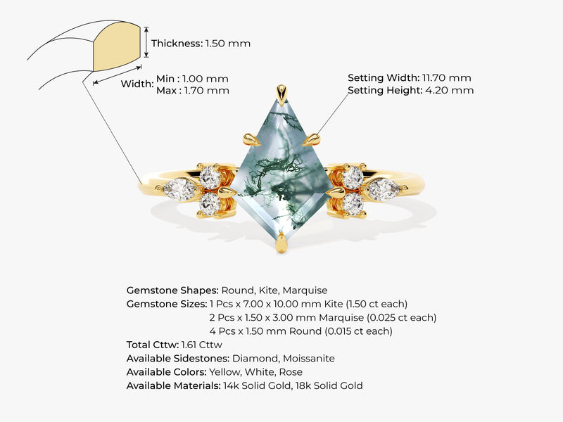 Kite Moss Agate Engagement Ring with Marquise Moissanite Sidestones