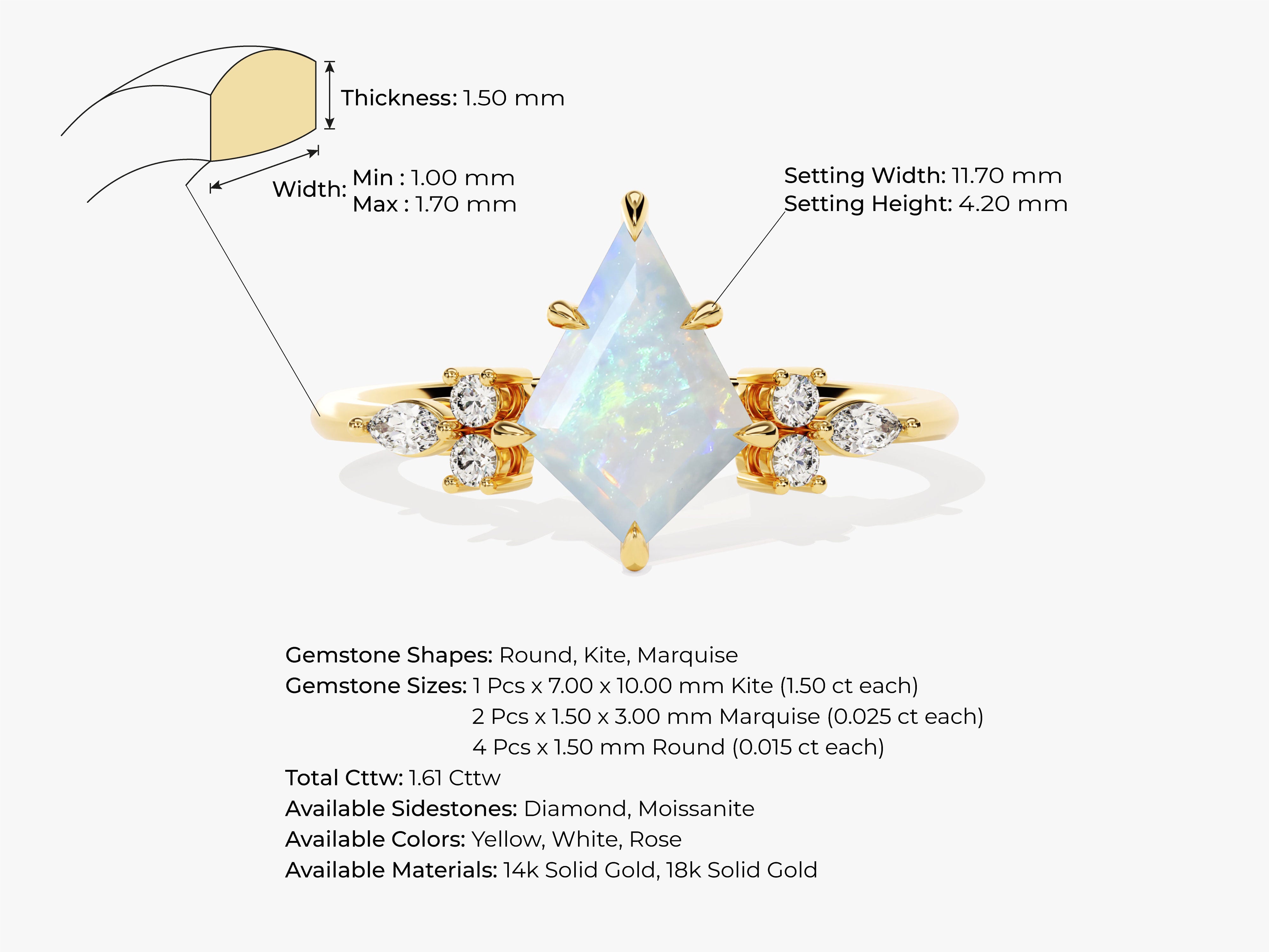 Kite-shaped opal ring with diamond accents, 14k solid gold