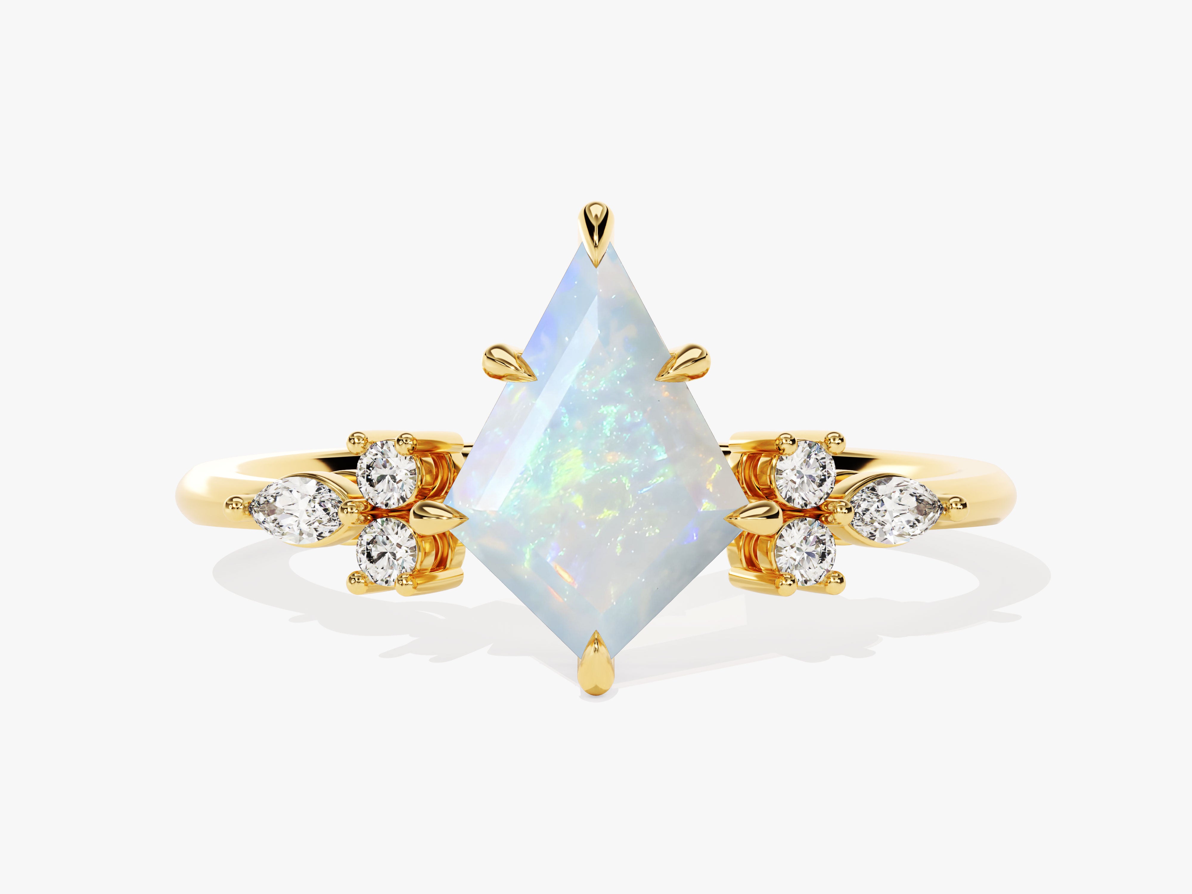 Gold ring with kite-cut opal and diamond accents