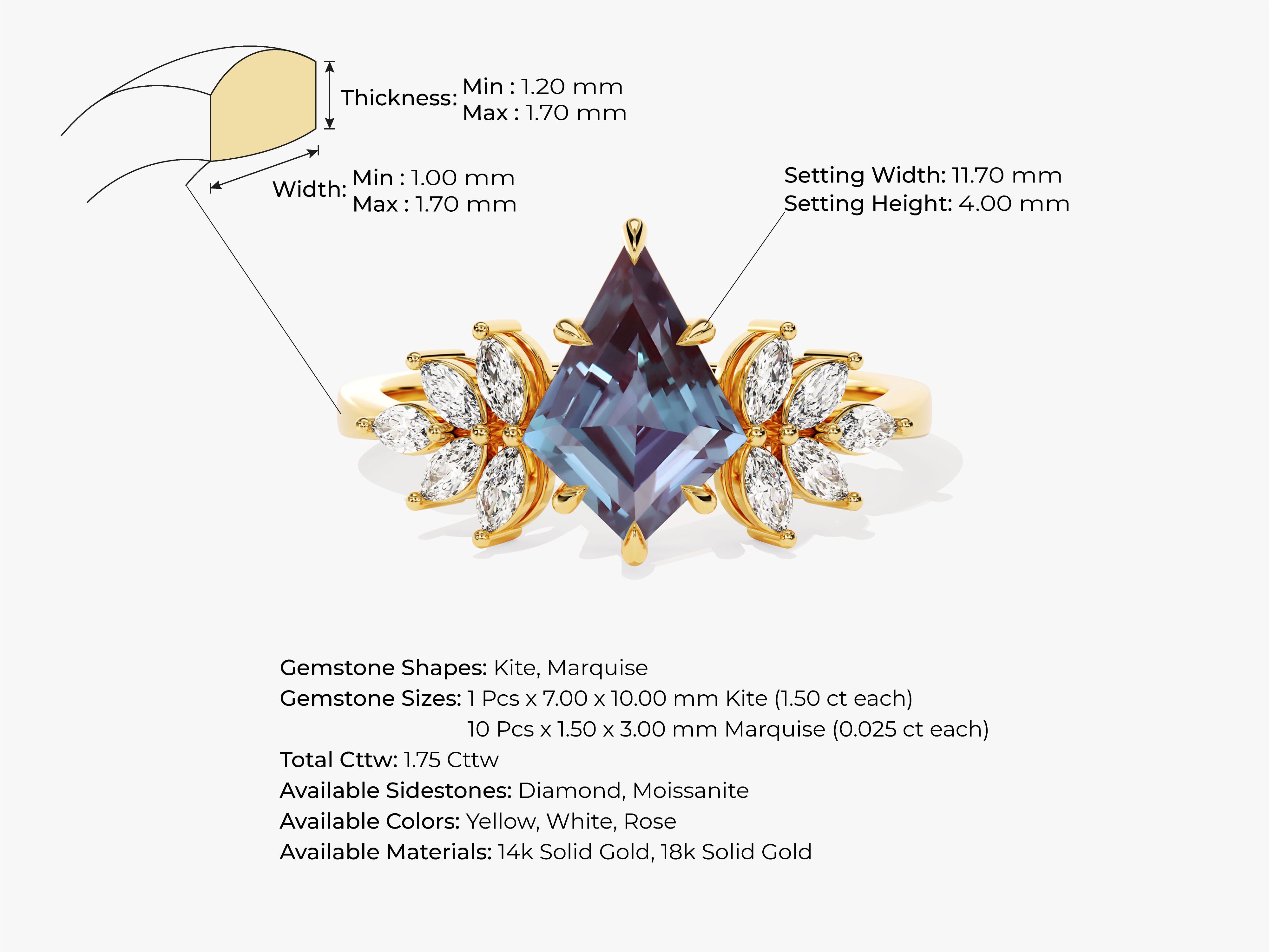 Gold ring with kite-cut alexandrite and marquise diamonds